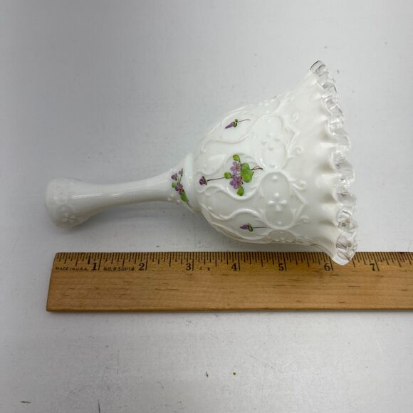 Fenton Glass Bell Silver Crest Hand Painted Floral Ruffled Edge by Kim Blake - Picture 9 of 9